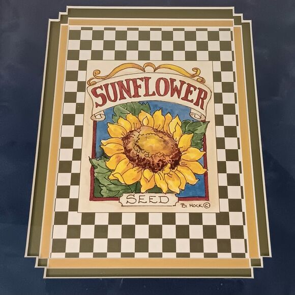 VTG Barbara Mock Sunflowers Print Matted Framed Blue Yellow Black & White Checks - Picture 4 of 15